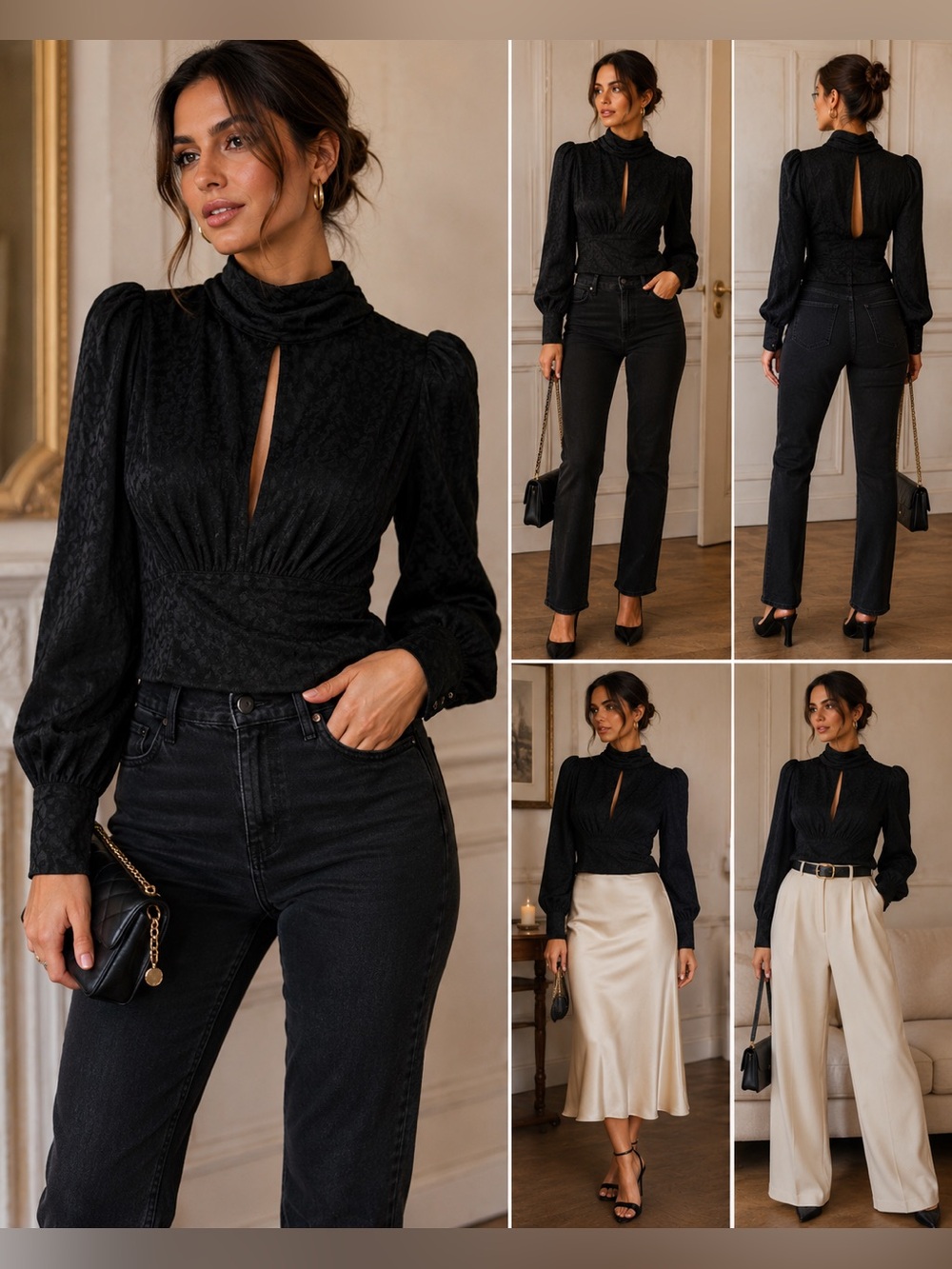 Skylar + Madison Black Jacquard Tie Neck Blouse Puff Sleeve Keyhole Back small